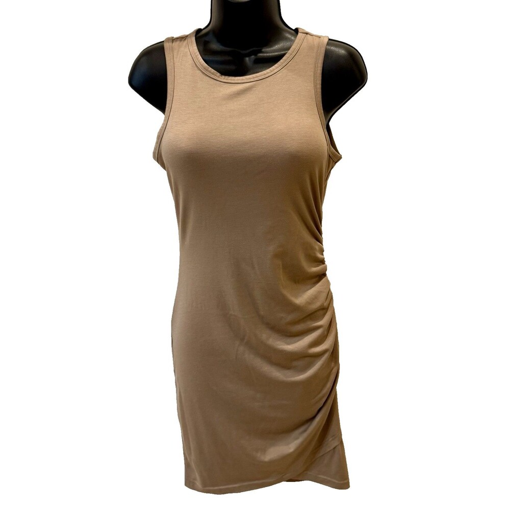 Shein Womens Solid Beige Sleeveless Bodycon Dress Size S Stretch Side Ruching